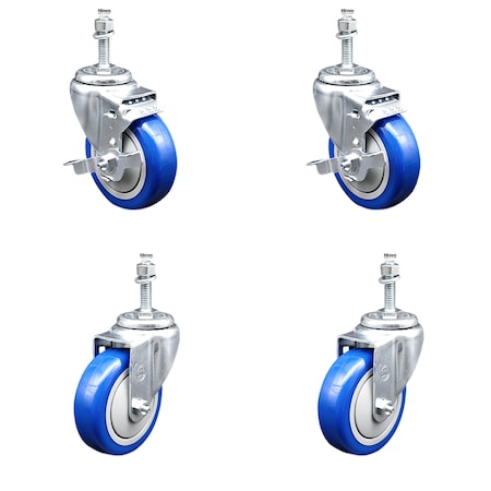 Service Caster 4 Inch SS Blue Polyurethane Swivel 10mm Threaded Stem Caster Brakes, 2PK SSTS20S414-PPUB-BLUE-TLB-M1015-2-S-2